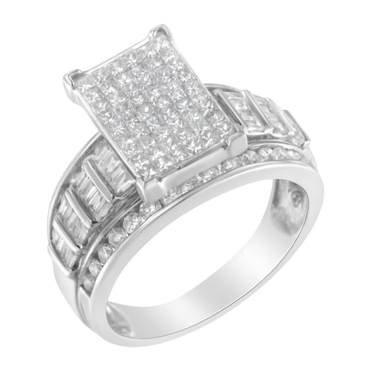 14K White Gold 2.0 Cttw Mixed-Cut Diamond Rectangle Invisible-Set Composite Cluster Ring with Bar- and Channel-Set Band (H-I Color, SI2-I1 Clarity)