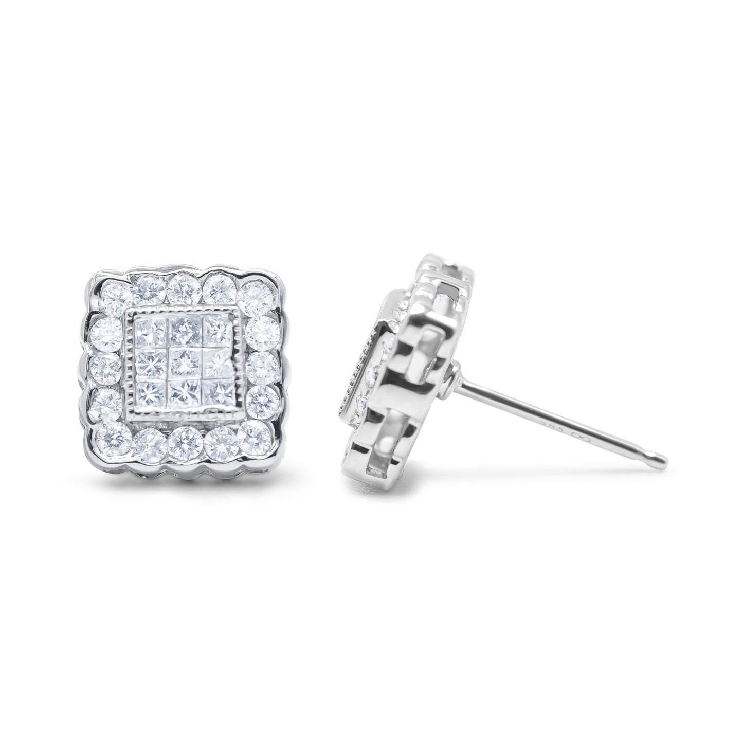 14K White Gold 1.0 Cttw Round Brilliant & Princess Cut Diamond Scallop-Edge Framed Square Halo Stud Earrings (G-H Color, SI1-SI2 Clarity)