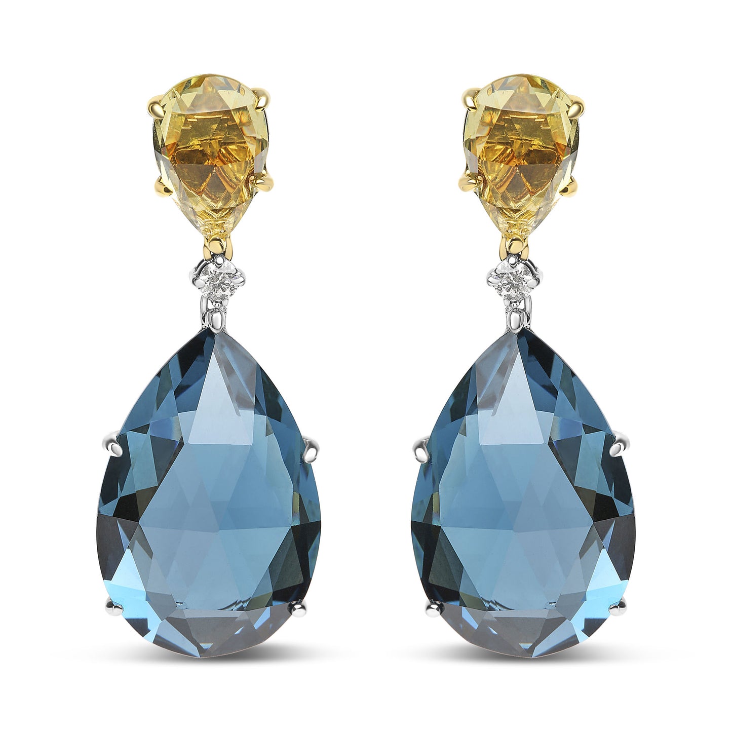 18K White and Yellow Gold 1/5 Cttw Diamond with Pear Cut Lemon Quartz and Pear Cut London Blue Topaz Gemstone Dangle Earring (G-H Color, SI1-SI2 Clarity)