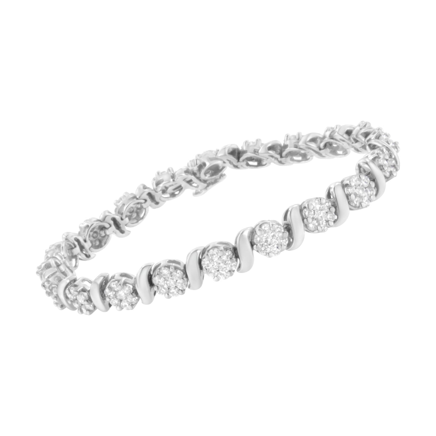 14K White Gold 5 1/4 cttw Diamond S-Link Floral Cluster Tennis Bracelet (I-J Clarity, SI2-I1 Color) - Size 7"