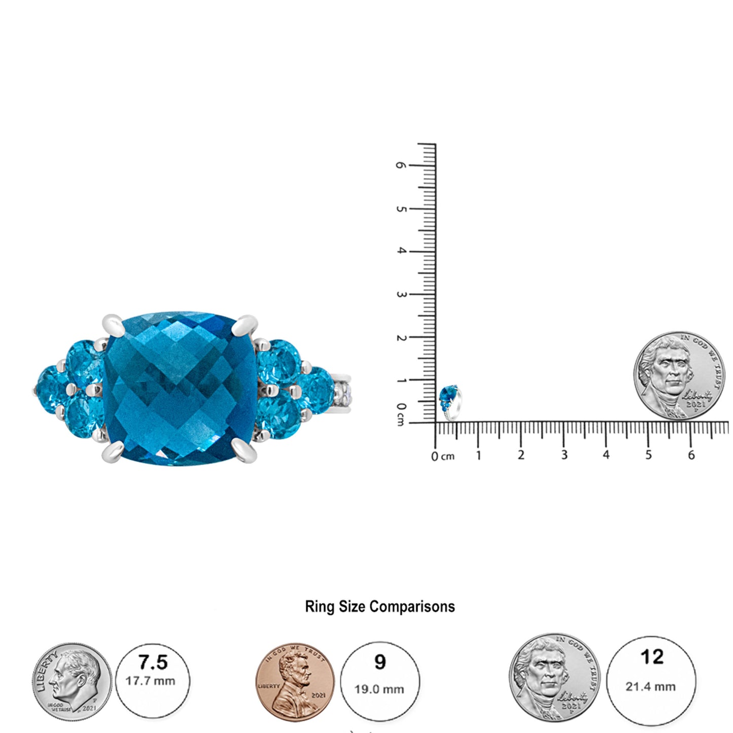 18K White Gold 10mm Cushion Shaped Blue Topaz and 1/6 Cttw Diamond 3 Stone Style Ring (F-G Color, VS1-VS2 Clarity) - Ring Size 6.5