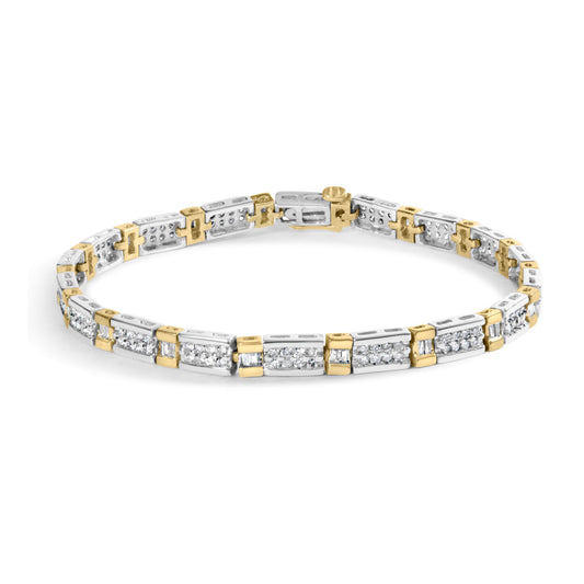 14k Two-Tone 2.00 Cttw Round-Cut and Baguette-Cut Diamond Bar Link 7" Bracelet (I-J Color, SI2-I1 Clarity)