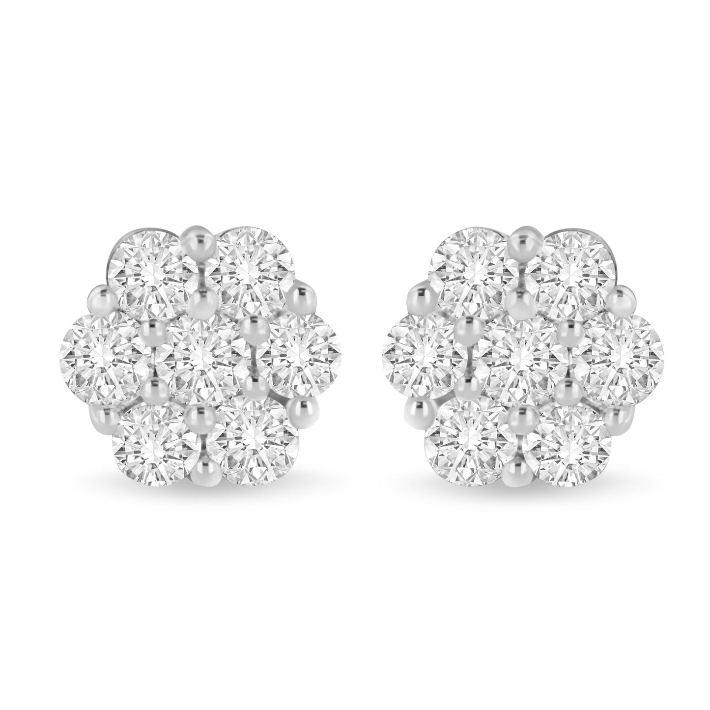 14K White Gold 3 cttw Prong Set Round-Cut Diamond Floral Cluster Stud Earring (I-J Color, SI1-SI2 Clarity)