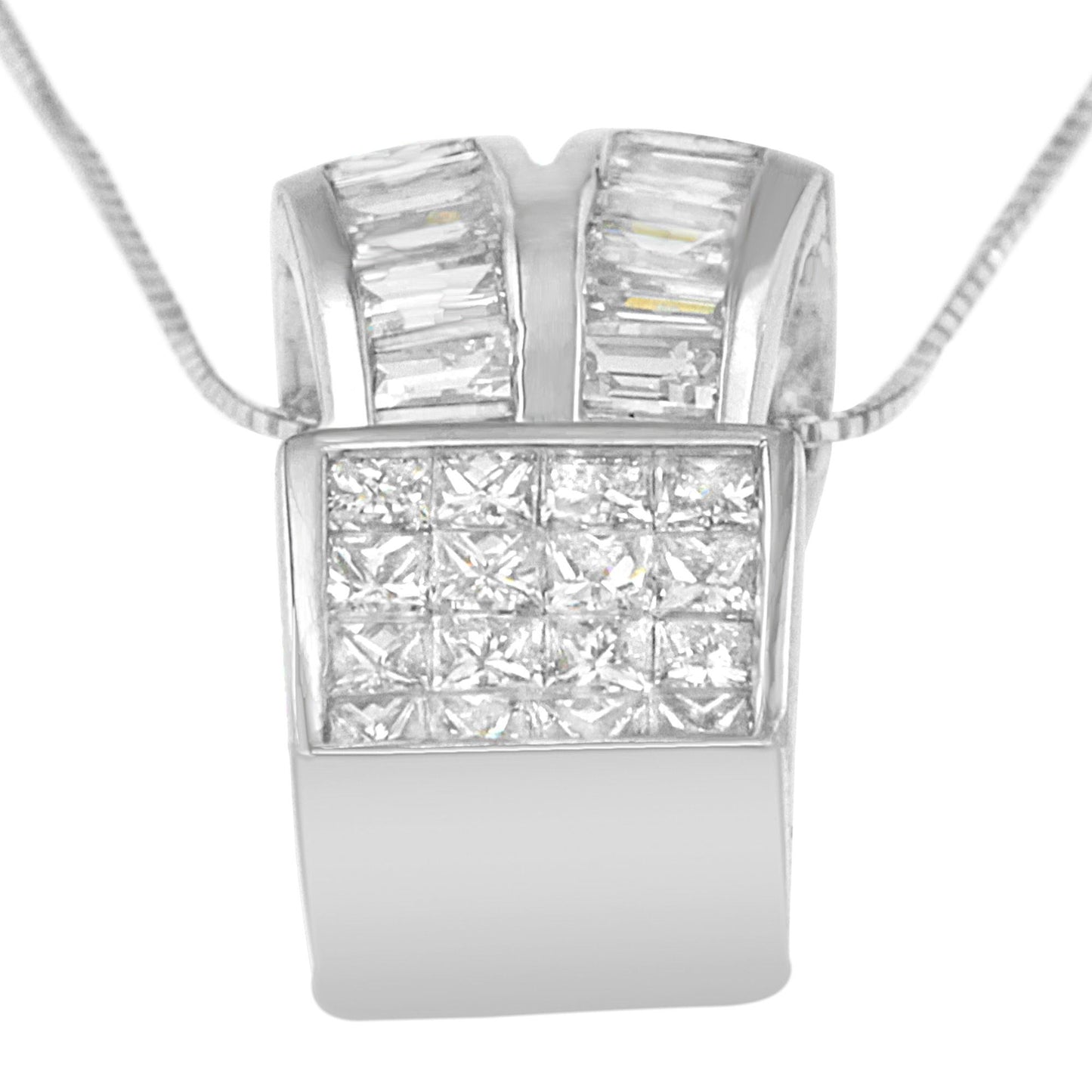 14K White Gold 1 5/8 cttw Princess and Baguette Cut Diamond Heart Ribbon Pendant Necklace (G-H, VS1-VS2)