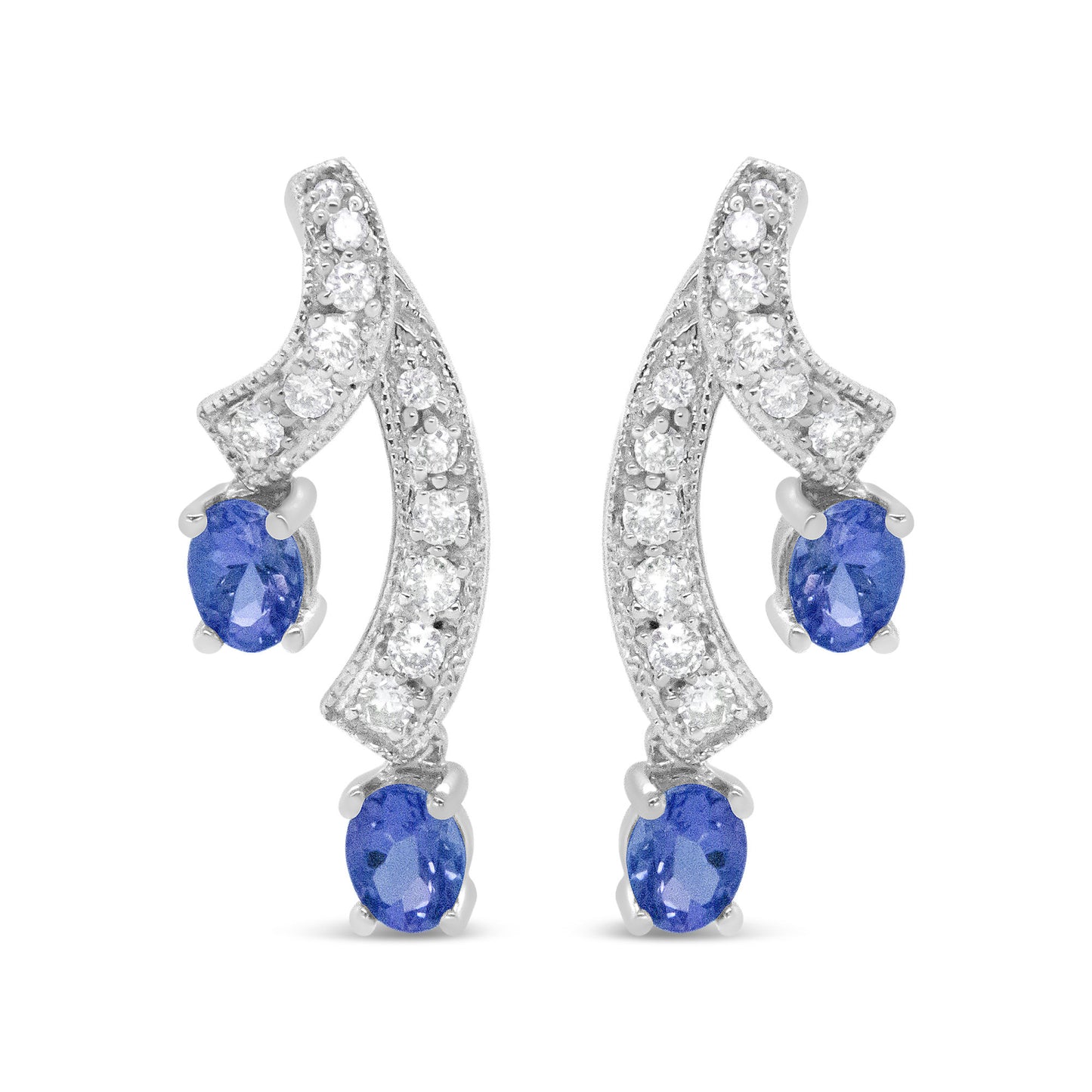 14K White Gold 4x3MM Oval Shaped Natural Blue Tanzanite Gemstone and 1/5 Cttw Diamond Double 3/4" Inch Drop Stud Earrings (H-I Color, VS1-VS2 Clarity)