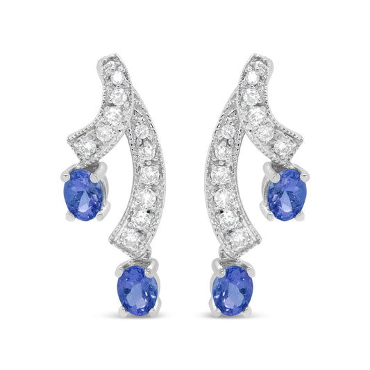 14K White Gold 4x3MM Oval Shaped Natural Blue Tanzanite Gemstone and 1/5 Cttw Diamond Double 3/4" Inch Drop Stud Earrings (H-I Color, VS1-VS2 Clarity)