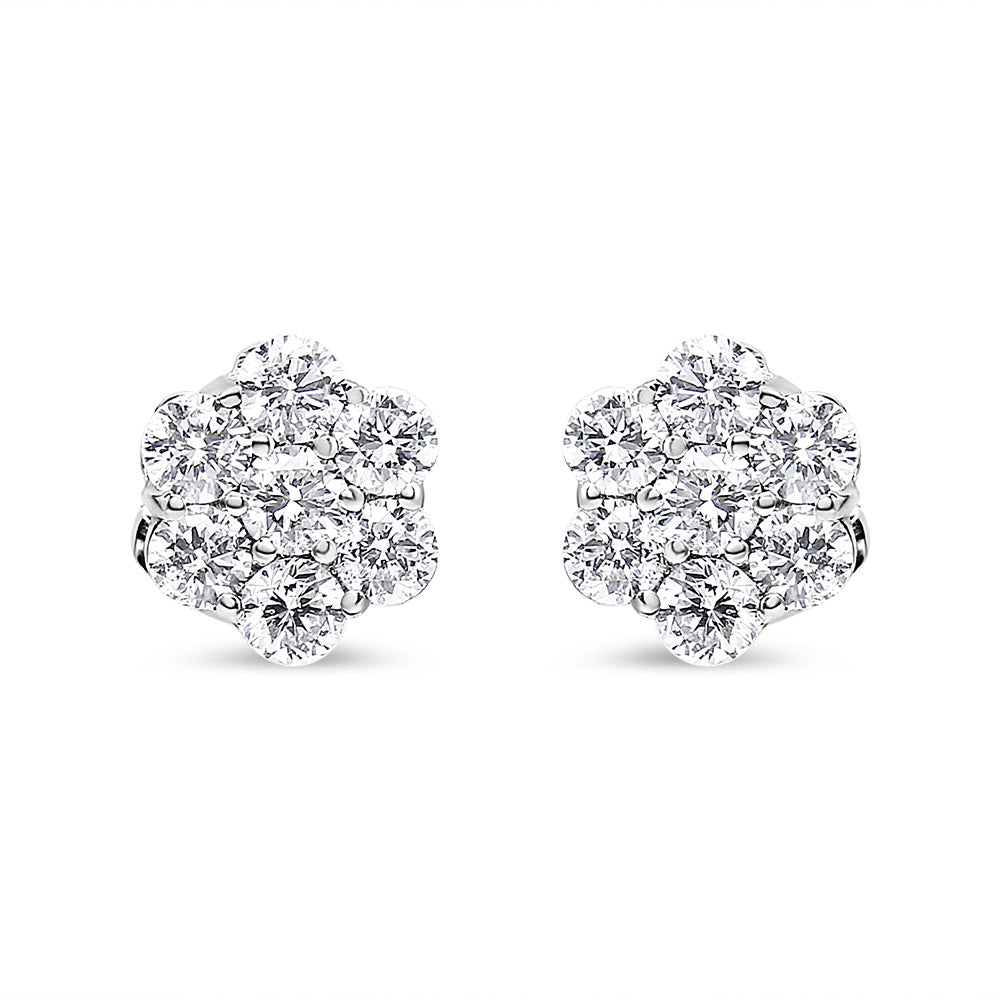 14K White Gold 7 Stone Floral Cluster Round Brilliant Cut Diamond Stud Earrings with Screw Backs(I-J, SI2-I1)