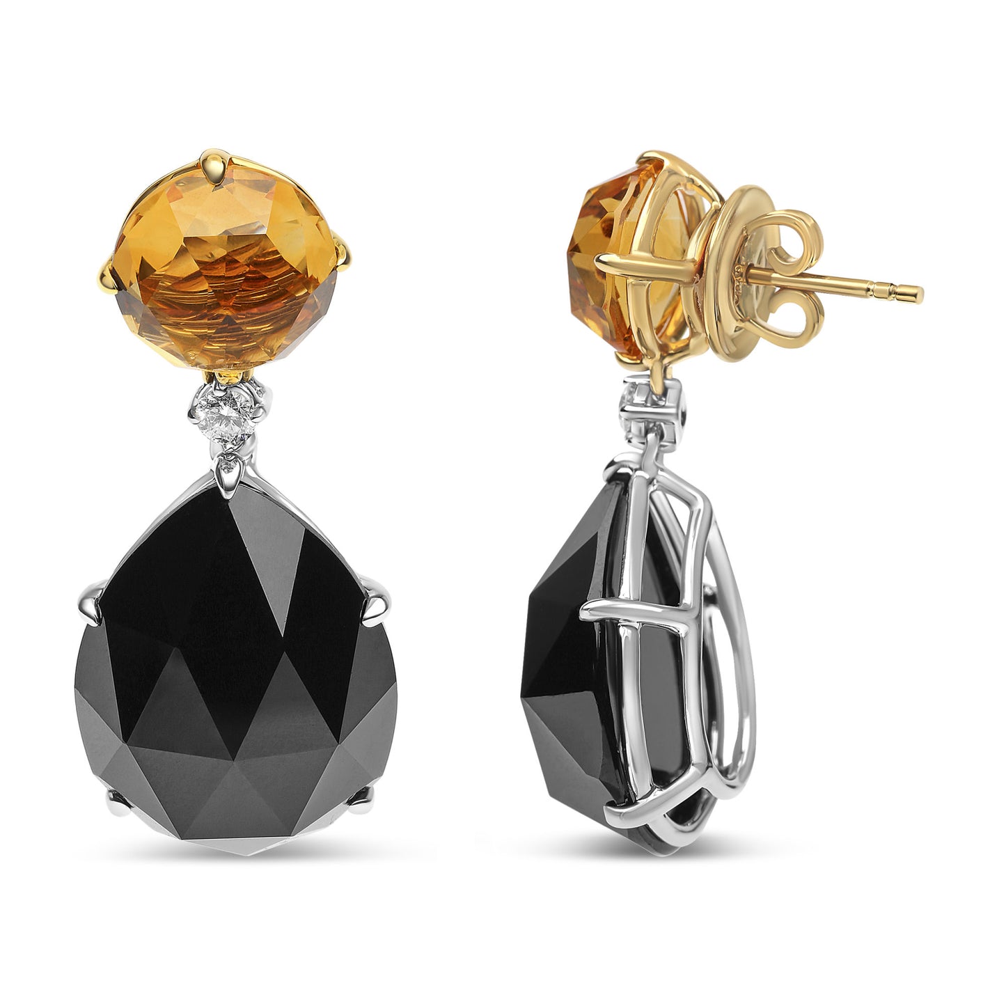 18K White and Yellow Gold 1/5 Cttw Diamond with Round Yellow Citrine and 20x15mm Pear Cut Black Onyx Gemstone Dangle Earring (G-H Color, SI1-SI2 Clarity)