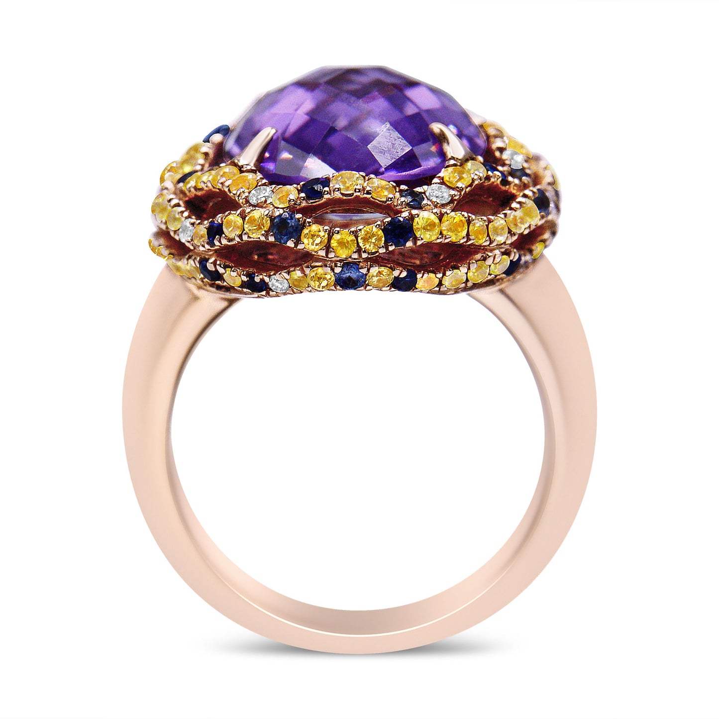 18K Yellow and Rose Gold Claw Prong Set Checkerboard Cut Purple Amethyst, Blue & Yellow Sapphire, Diamond Accent Cocktail Ring Band (F-G Color, VS1-VS2 Clarity) - Ring Size 7