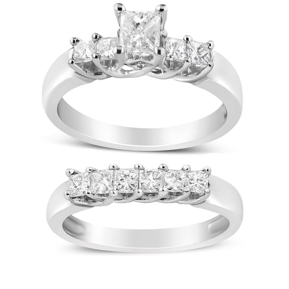 14K White Gold 1 1/2 Cttw 5 Stone Princess Diamond Engagement Wedding Ring Set (H-I Color, SI2-I1 Clarity) - Ring Size 7