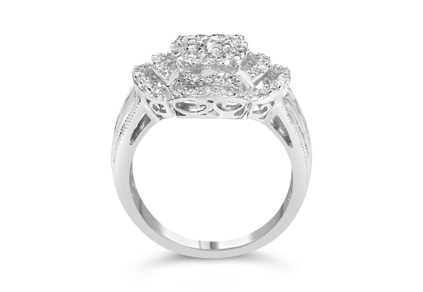 14K White Gold 1.0 Cttw Round & Baguette Cut Diamond Floral Cluster Quatrefoil Channel Set Band Cocktail Statement Ring (H-I Color, SI2-I1 Clarity)