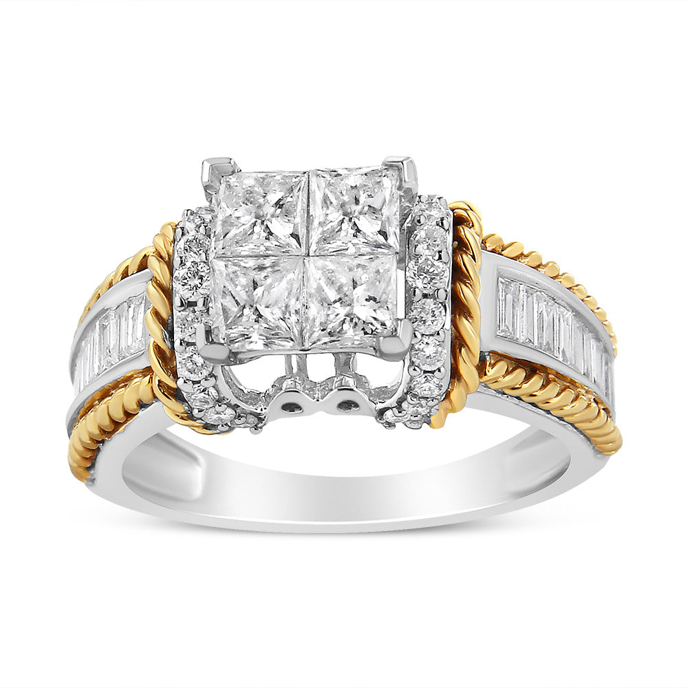 14K White and Yellow Gold 1 1/2 Cttw Invisible Set Princess-Cut Diamond Quad Style Engagement Ring (H-I Color, SI2-I1 Clarity) - Ring Size 7