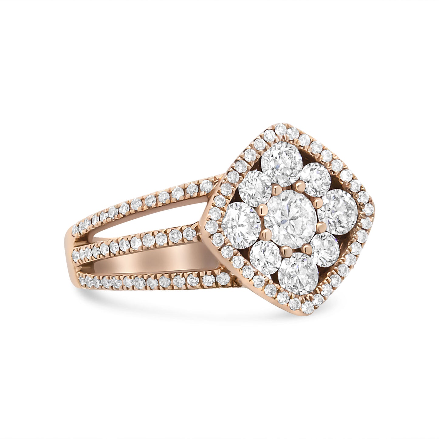 18K Rose Gold 1 1/4 Cttw Diamond Halo Cluster Split Shank Ring Band (F-G Color, VS1-VS2 Clarity) - Ring Size 6.5