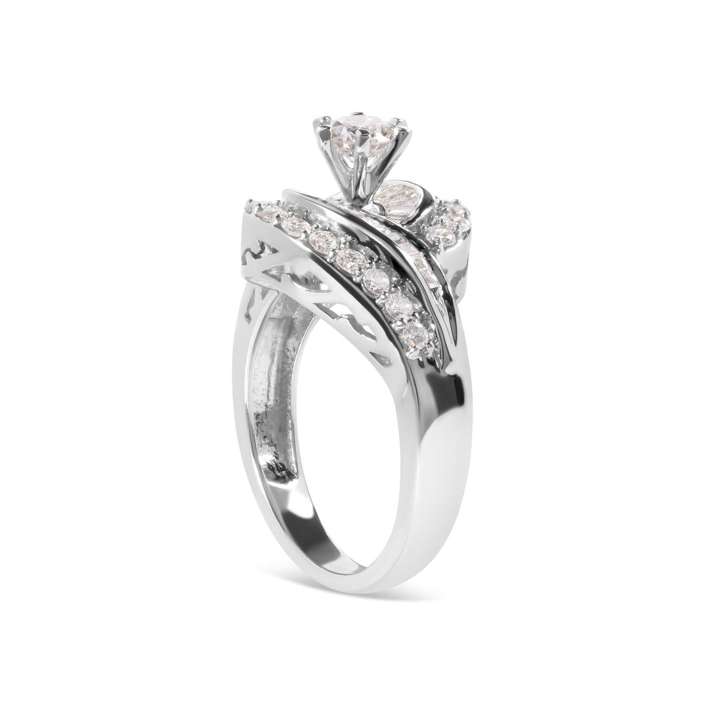 14K White Gold 1.00 Cttw Round and Baguette cut Diamond Swirl Cocktail Ring (H-I Color, SI2-I1 Clarity) - Ring Size 7