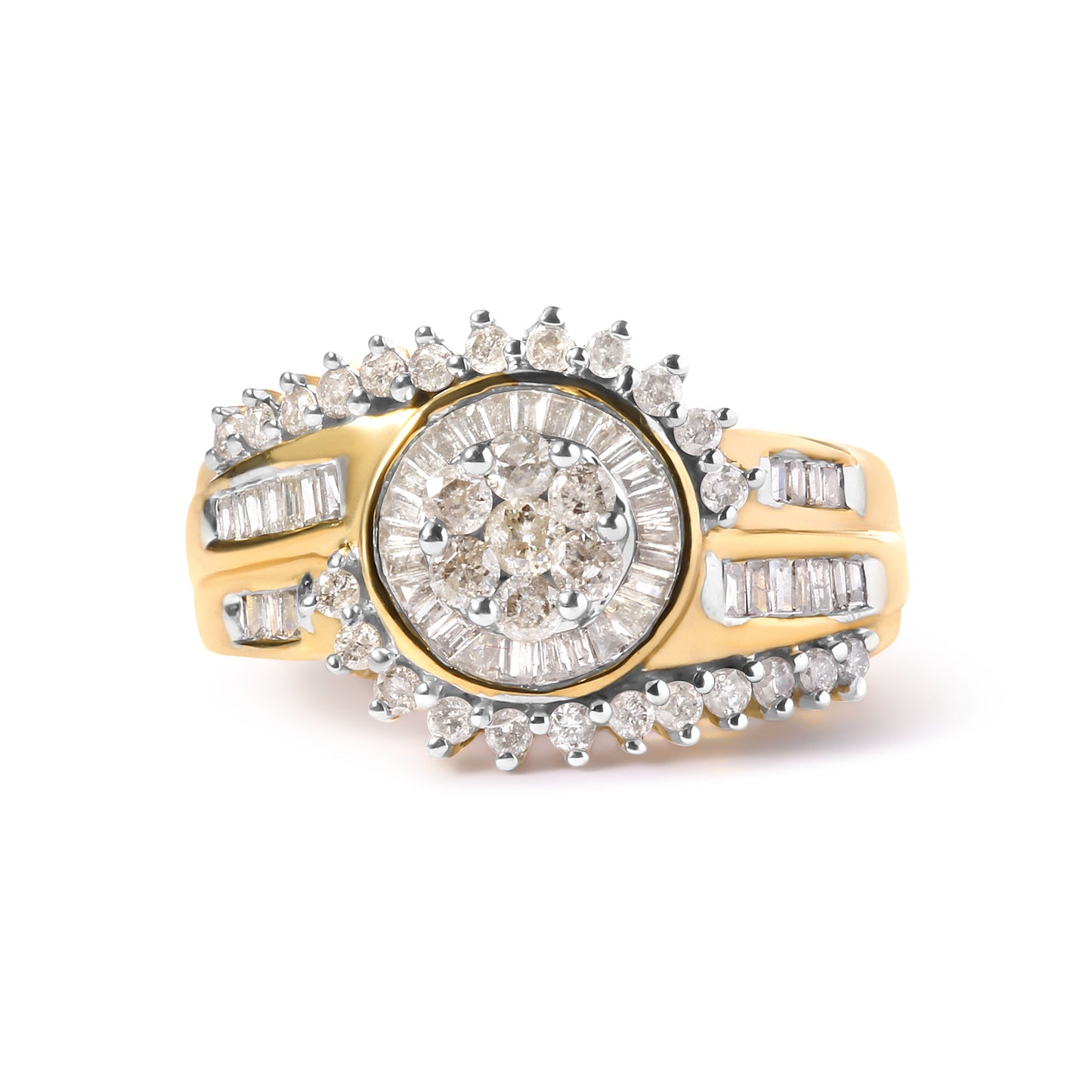 10K Yellow Gold 1 Cttw Round and Baguette cut Diamond Cluster Swirl Band Ring (H-I Color, I1-I2 Clarity) - Ring Size 7