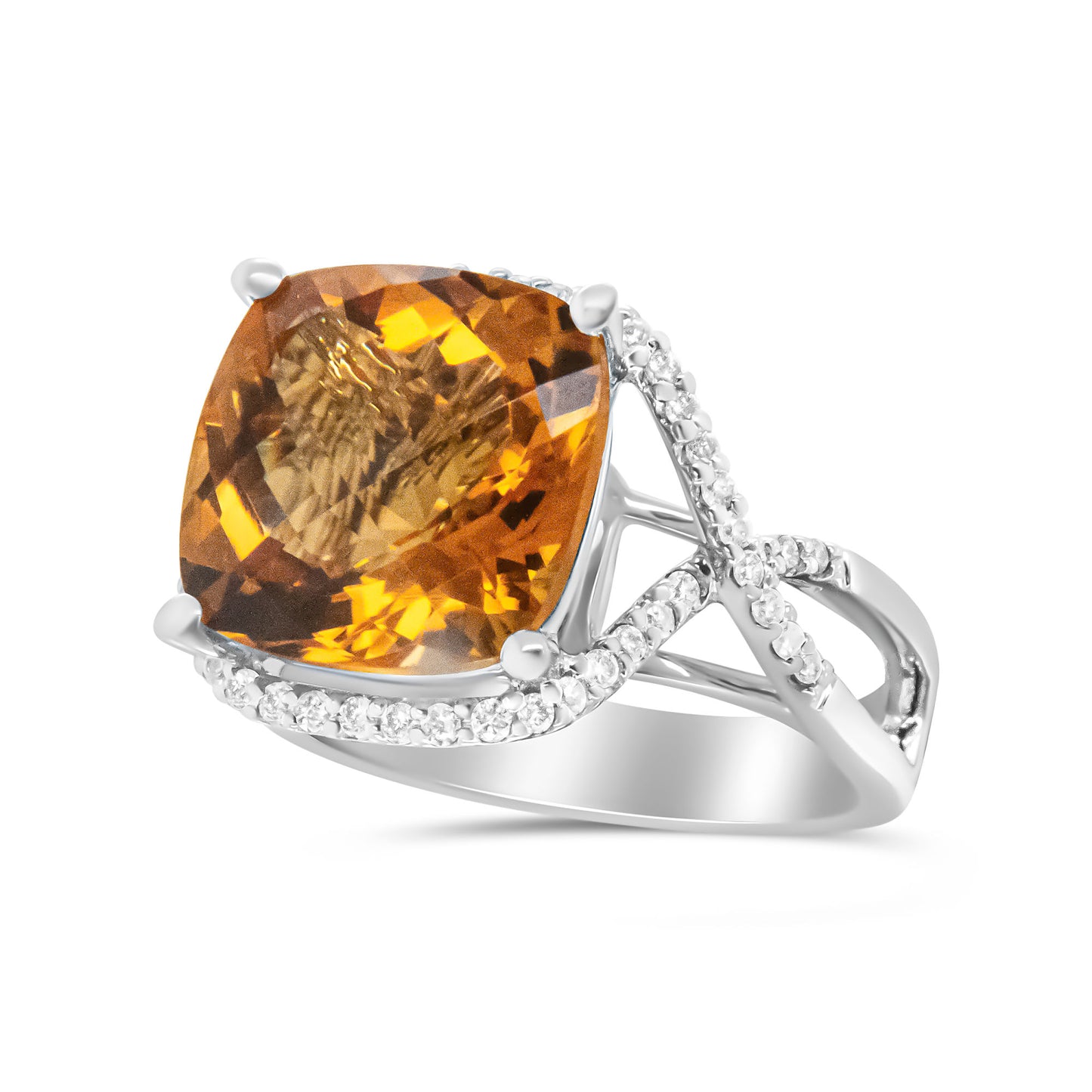 14K White Gold 12mm Cushion Cut Yellow Citrine Gemstone and 1/3 Cttw Round Pave-Set Diamond Ring - (H-I Color, VS1-VS2 Clarity)- Size 6.5