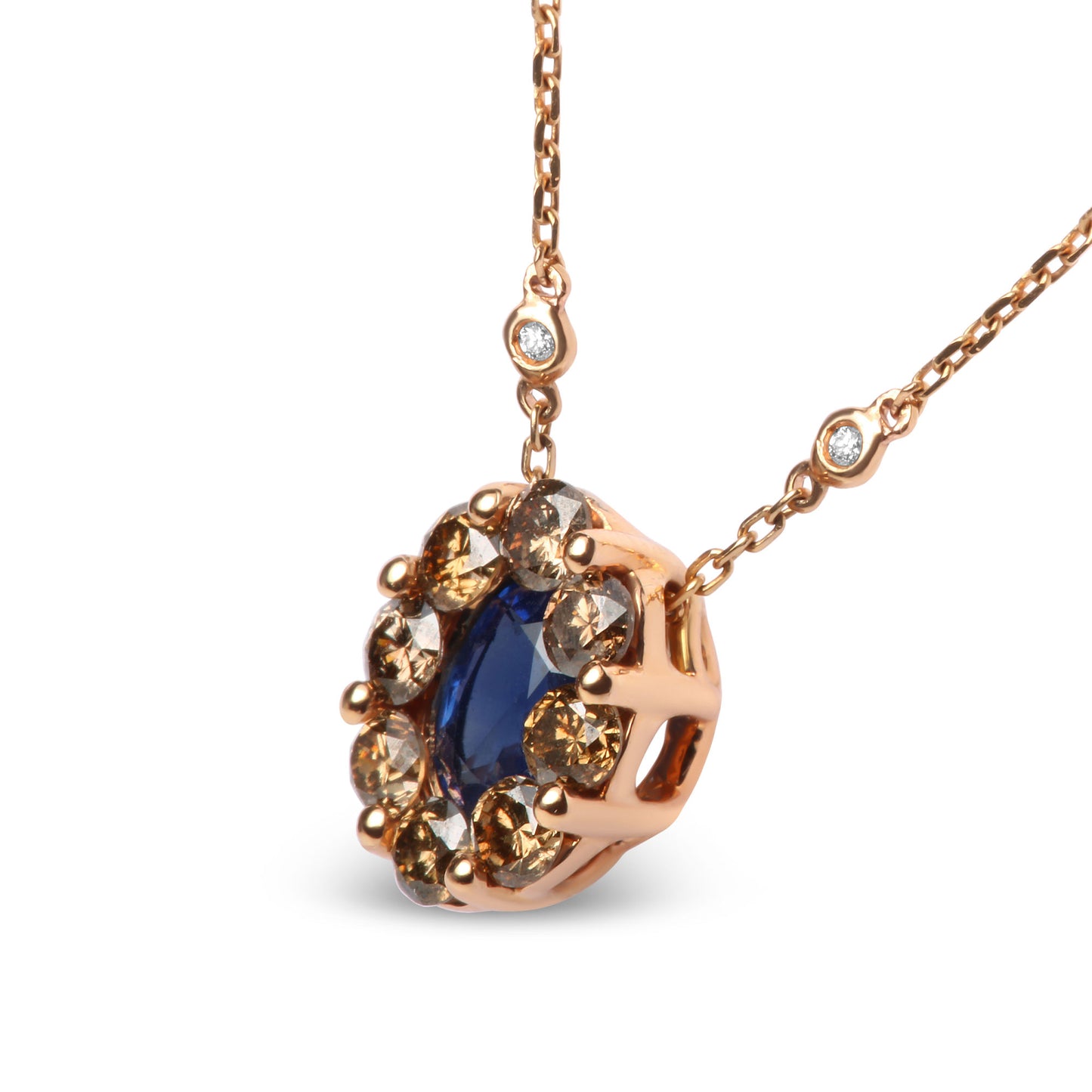 18K Rose Gold 5/8 Cttw White and Brown Diamond Accent and 7 x 4mm Oval Blue Sapphire Gemstone Statement Halo Cluster Pendant Necklace (Brown and G-H Color, SI1-SI2 Clarity)