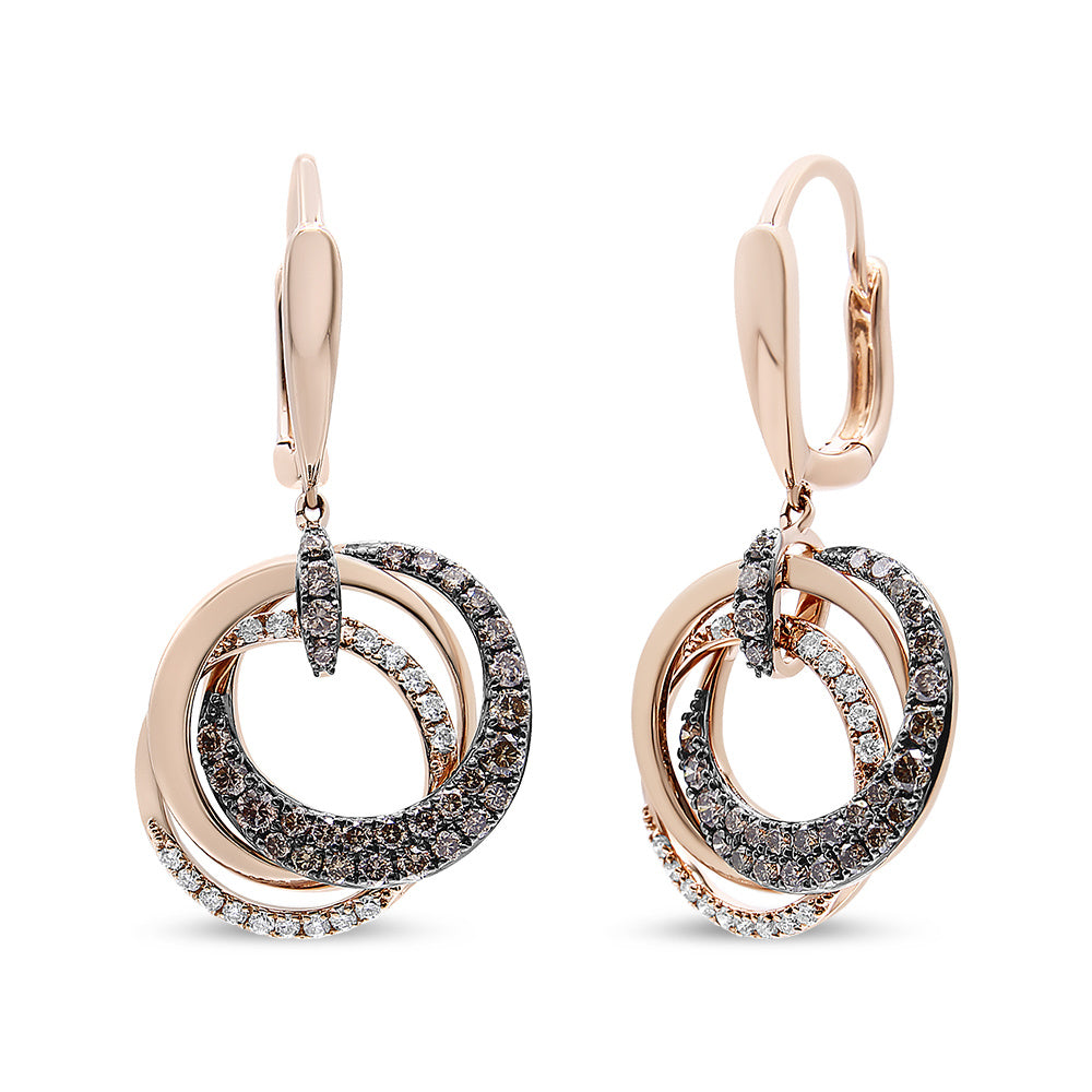 14K Rose Gold 1.00 Cttw White and Brown Diamond Intertwining Hoops and Circle Dangle Earrings (H-I/Brown Color, SI1-SI2 Clarity)