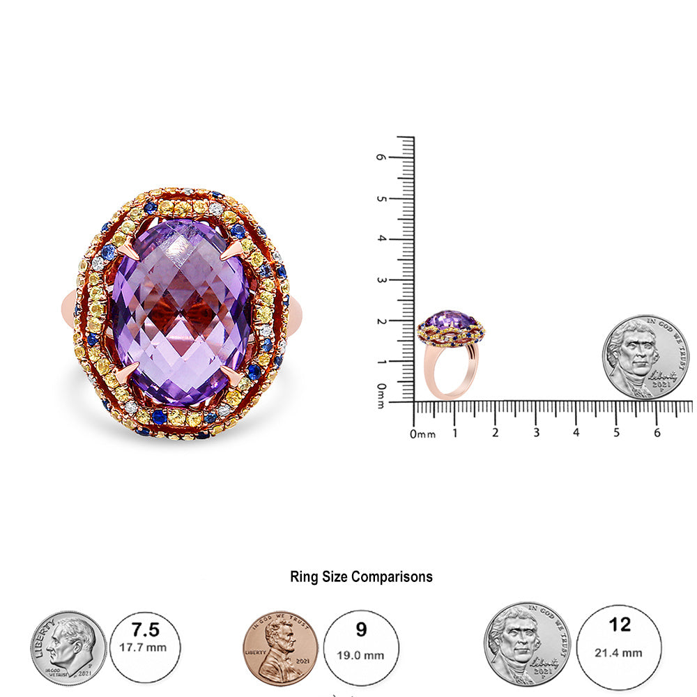 18K Yellow and Rose Gold Claw Prong Set Checkerboard Cut Purple Amethyst, Blue & Yellow Sapphire, Diamond Accent Cocktail Ring Band (F-G Color, VS1-VS2 Clarity) - Ring Size 7