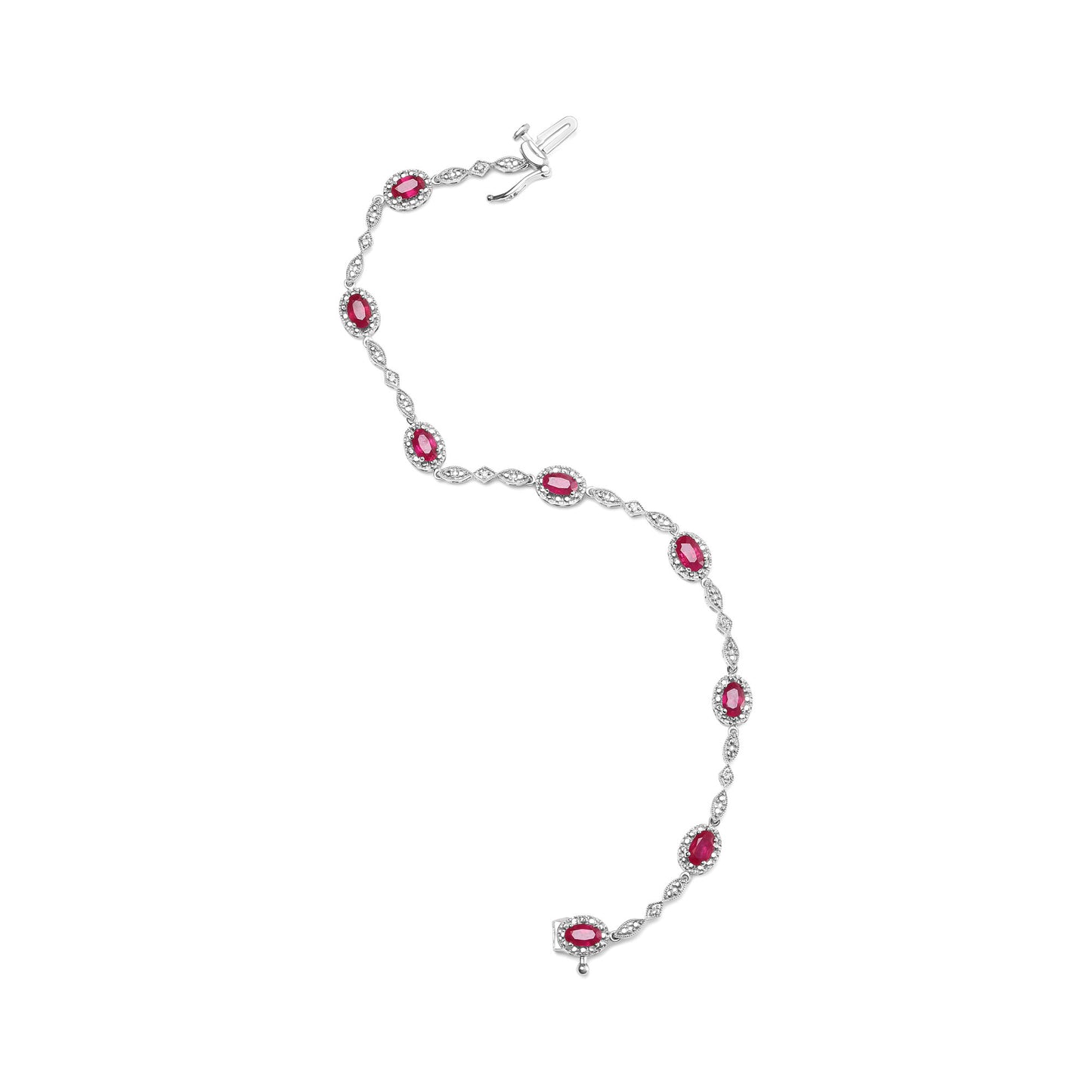 10K White Gold 4.5mm x 3mm Oval Ruby and Diamond Link Bracelet (H-I Color, SI1-SI2 Clarity) - Size 7"