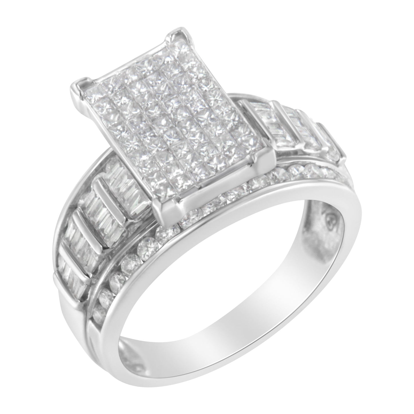 14K White Gold 2.0 Cttw Mixed-Cut Diamond Rectangle Invisible-Set Composite Cluster Ring with Bar- and Channel-Set Band (H-I Color, SI2-I1 Clarity)