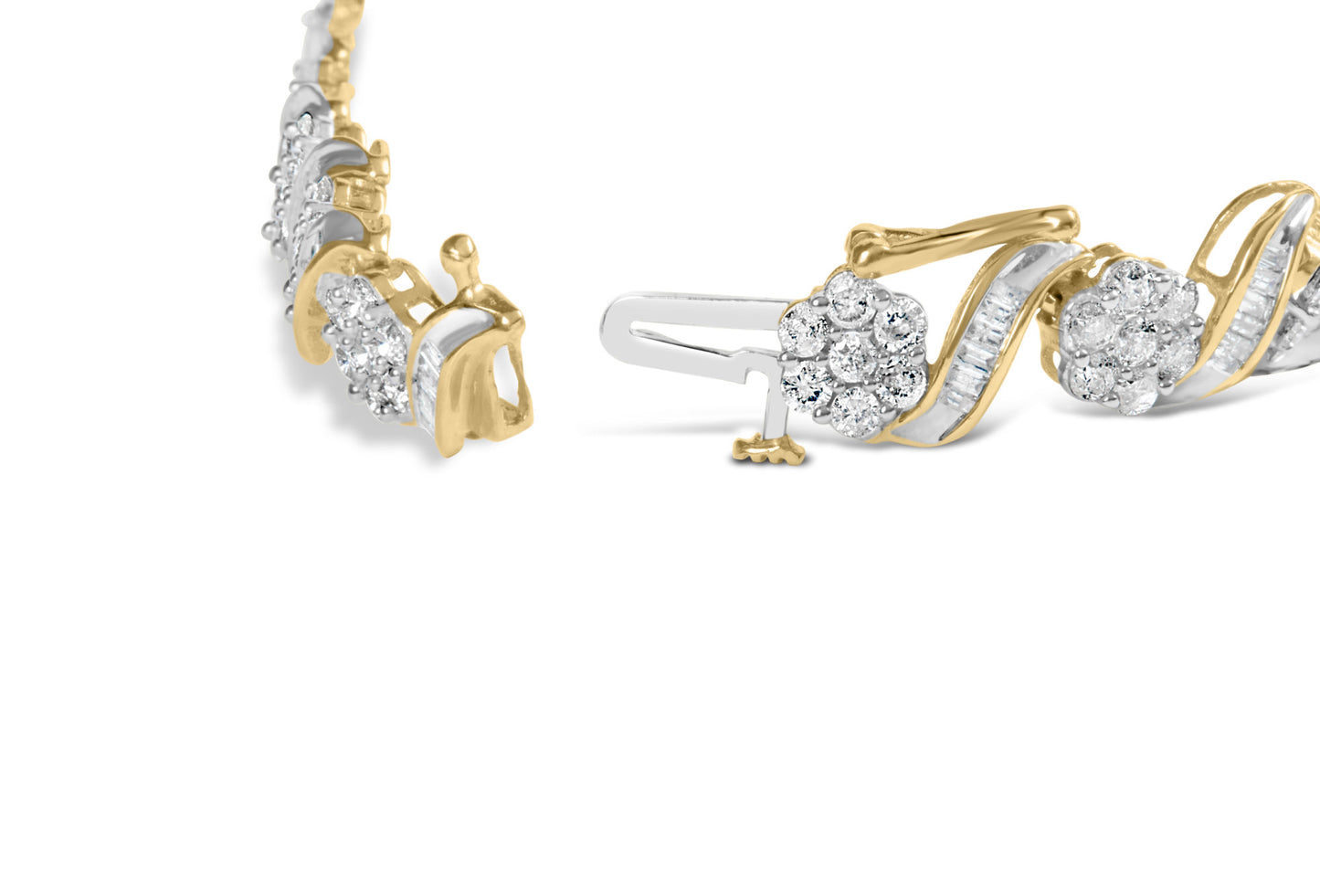 10k Yellow Gold 5.00 Cttw Round-Cut and Baguette-Cut Diamond Floral Link 7.25" Bracelet (I-J Color, I2-I3 Clarity)