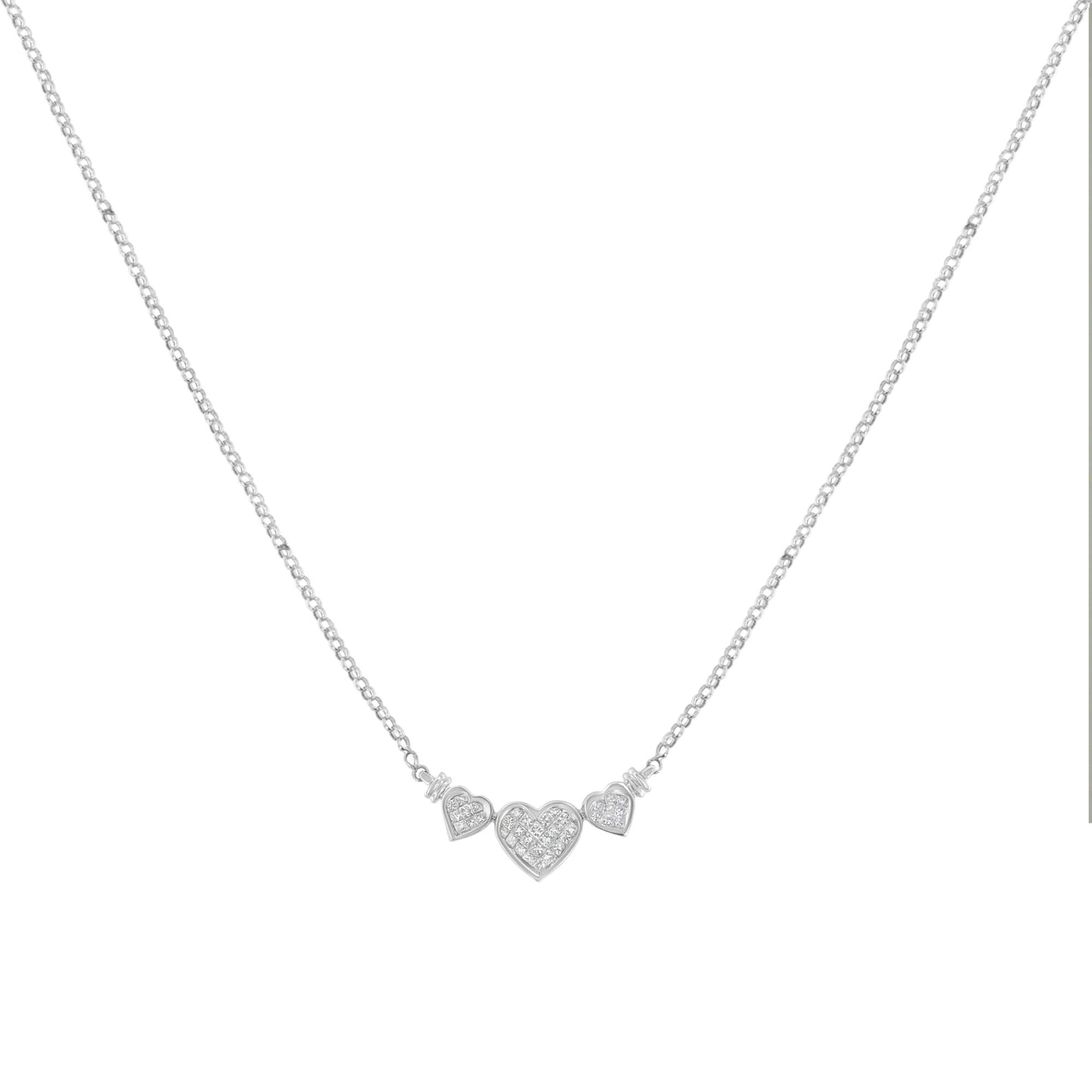 14K White Gold 1.0 Cttw Princess Cut Diamond Three Heart 18" Statement Pendant Necklace (H-I Color, SI2-I1 Clarity)