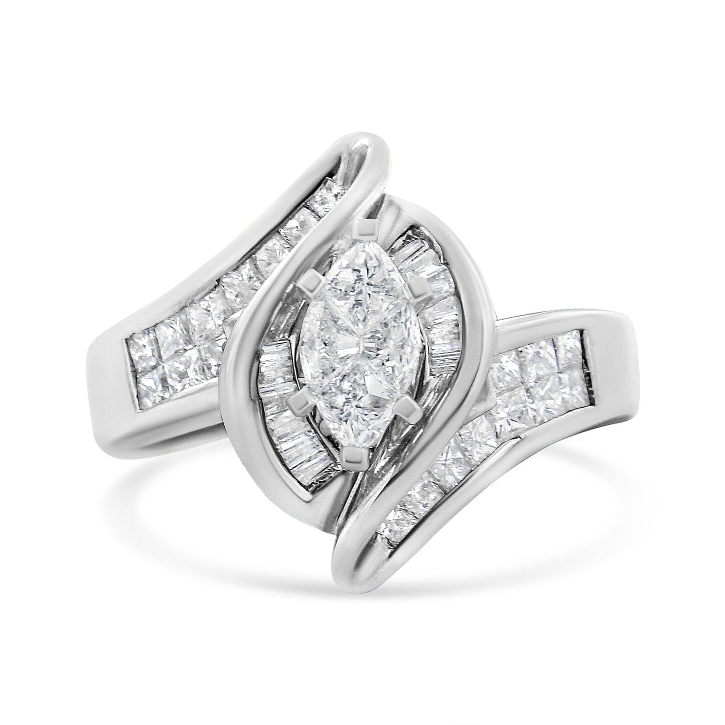 14K White Gold 1 1/4 Cttw Pie, Baguette and Princess cut Diamond Marquise Shape Engagement Cocktail Ring (H-I Color, SI2-I1 Clarity)