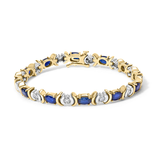 14K Yellow Gold 1.00 Cttw Alternating Diamond and 6 1/2 Cttw Oval Blue Sapphire Link Bracelet (H-I Color, SI1-SI2 Clarity) - 7" Inches