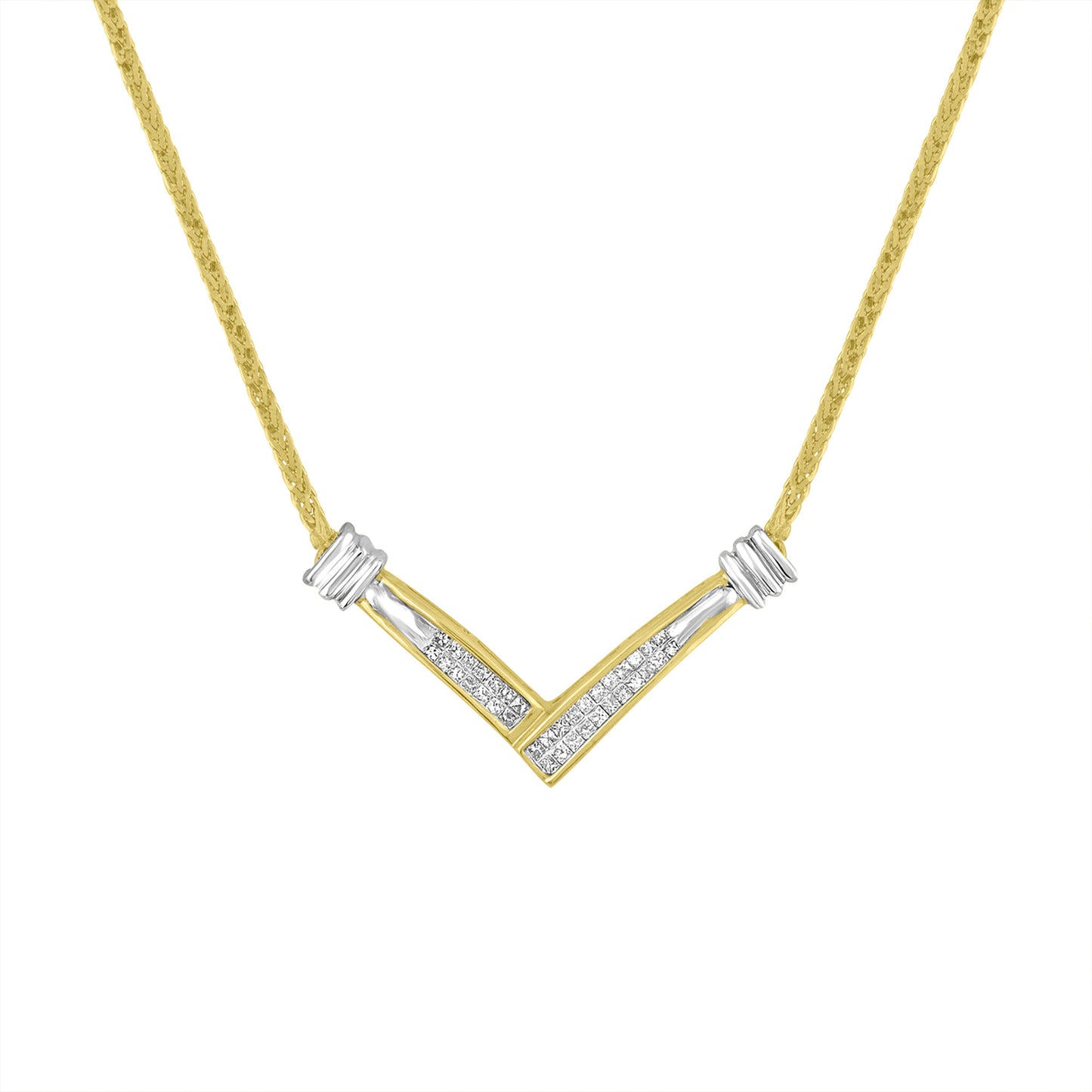 14K Yellow and White Gold 1/4 Cttw Princess Cut Diamond Channel-Set 'V' Shape 18" Pendant Necklace (H-I Color, SI2-I1 Clarity)