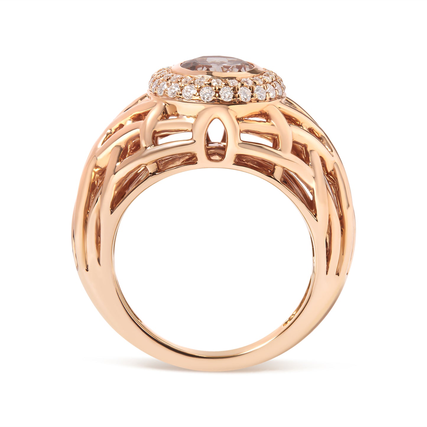 14K Rose Gold Oval Cut Light Pink Morganite and 3/8 Cttw Diamonds Halo and Basket Weave Cocktail Ring (G-H Color, SI1-SI2 Clarity) - Size 7