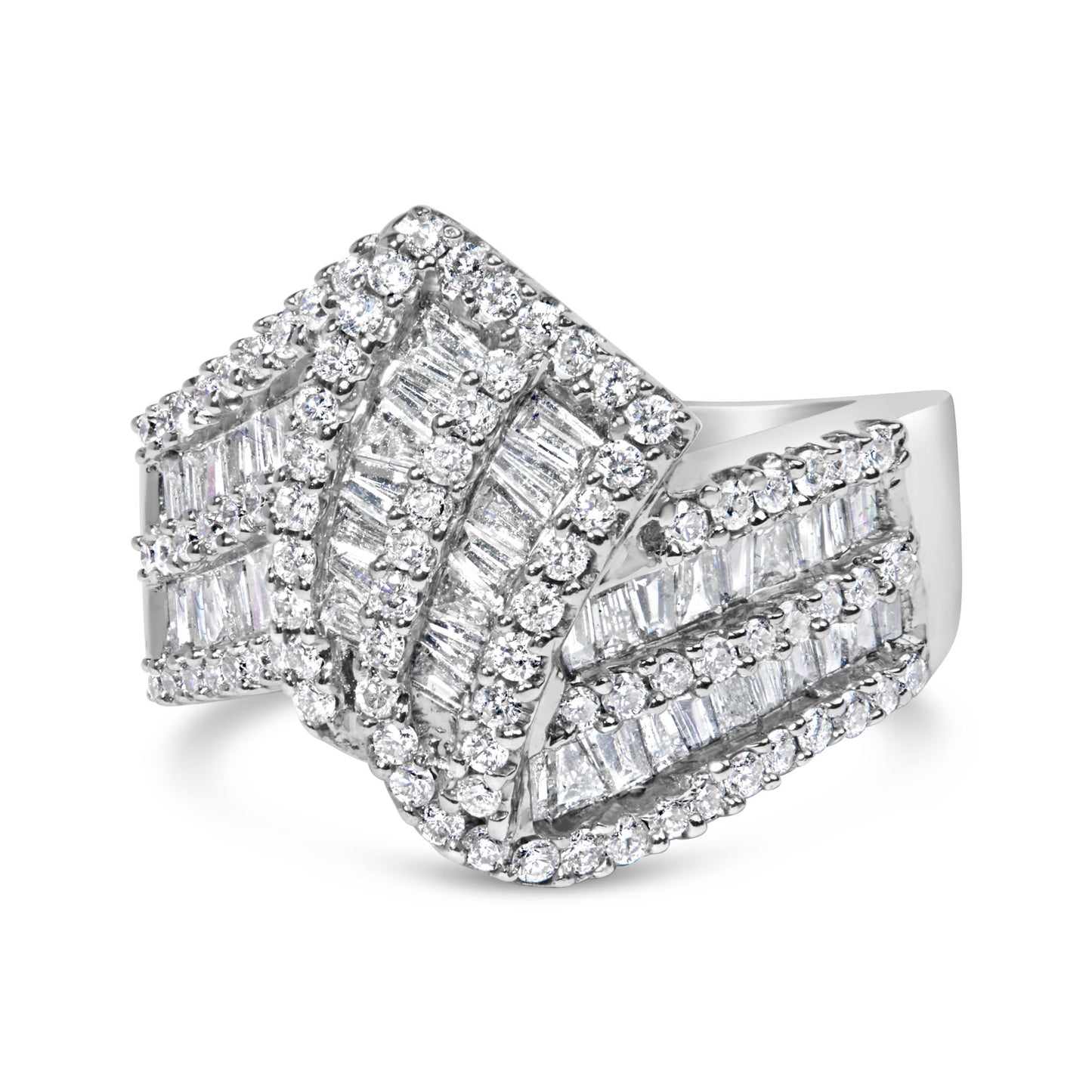 14K White Gold 1-1/2 Cttw Round and Baguette Diamond Bypass Cocktail Ring Band (H-I Color, SI1-SI2 Clarity)