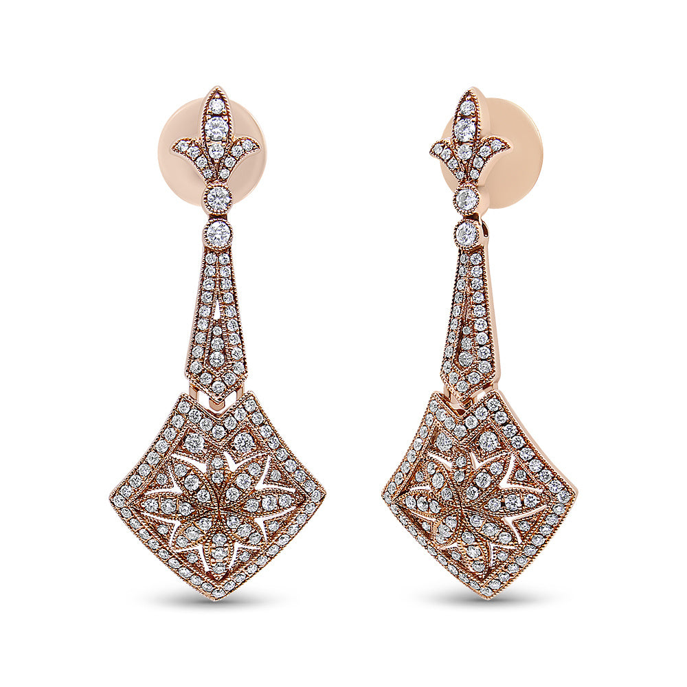 18K Rose Gold 1 1/3 Cttw Diamond Studded Fleur De Lis Trellis Style Drop and Dangle Earring (F-G Color, VS1-VS2 Clarity)