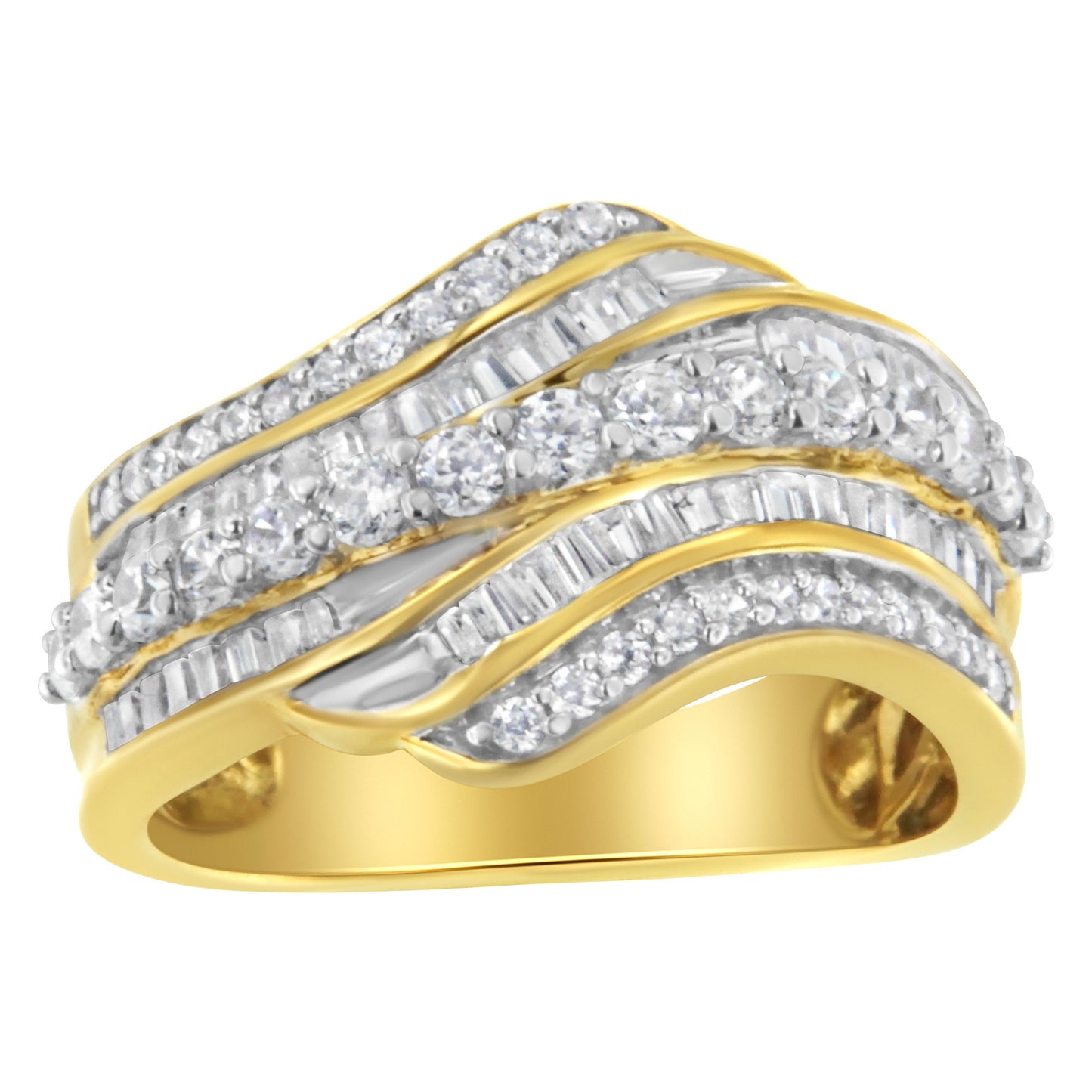 10K Yellow Gold 1.0 Cttw Baguette and Round Diamond Multi-Row Wave Bypass Ring (I-J Color, I1-I2 Clarity)