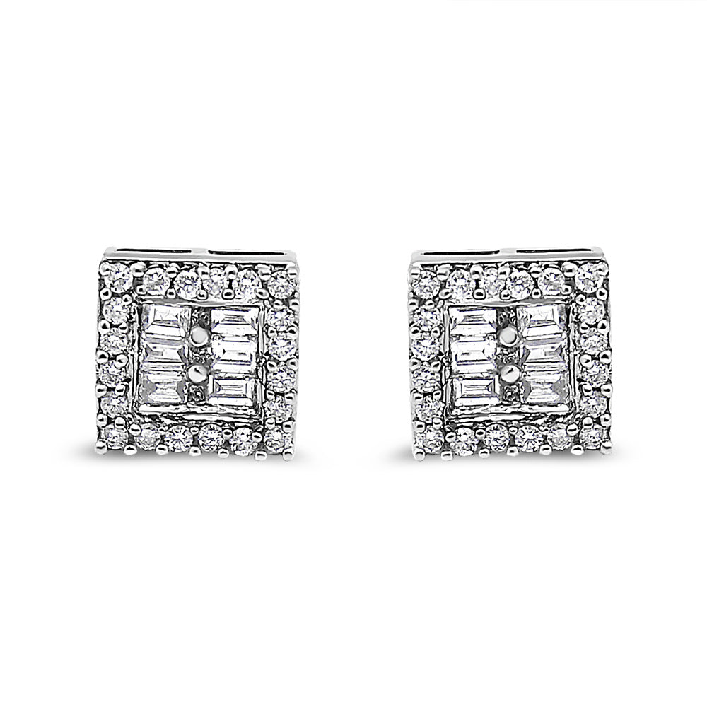 14K White Gold 1 cttw Round and Baguette Diamond Stud Earrings (H-I, SI1-SI2)