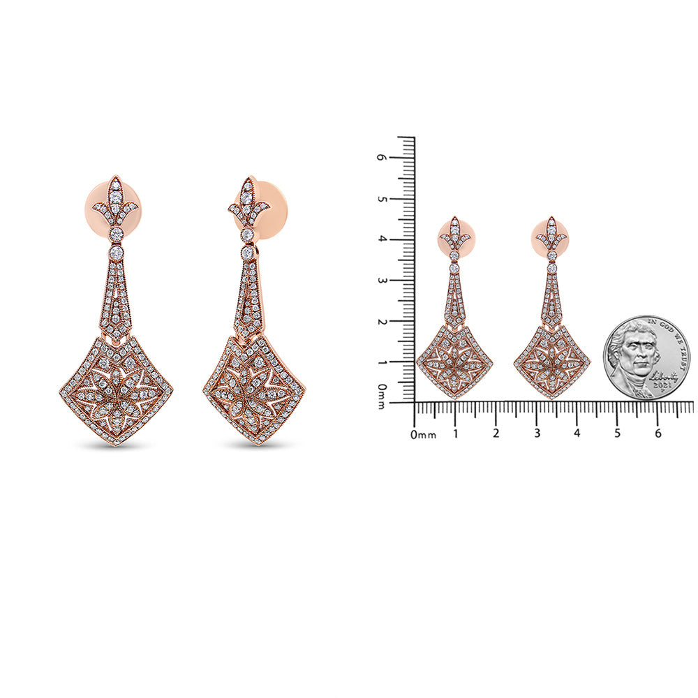 18K Rose Gold 1 1/3 Cttw Diamond Studded Fleur De Lis Trellis Style Drop and Dangle Earring (F-G Color, VS1-VS2 Clarity)