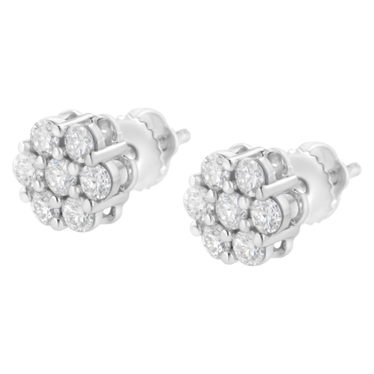 14K White Gold 7 Stone Floral Cluster Round Brilliant Cut Diamond Stud Earrings with Screw Backs(I-J, SI2-I1)