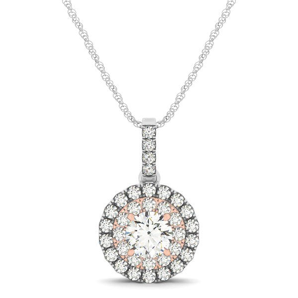 Round Shape Halo Diamond Pendant in 14k White and Rose Gold (1/2 cttw)