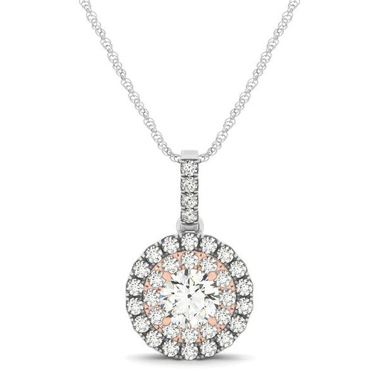 Round Shape Halo Diamond Pendant in 14k White and Rose Gold (1/2 cttw)