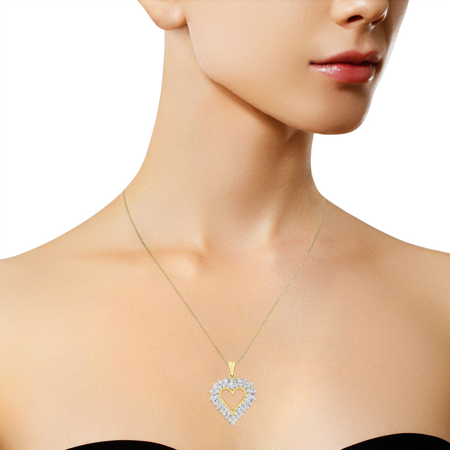 14K Yellow Gold Plated .925 Sterling Silver 4.0 Cttw Diamond Two Row Open Heart 18" Pendant Necklace (K-L Color, I1-I2 Clarity)