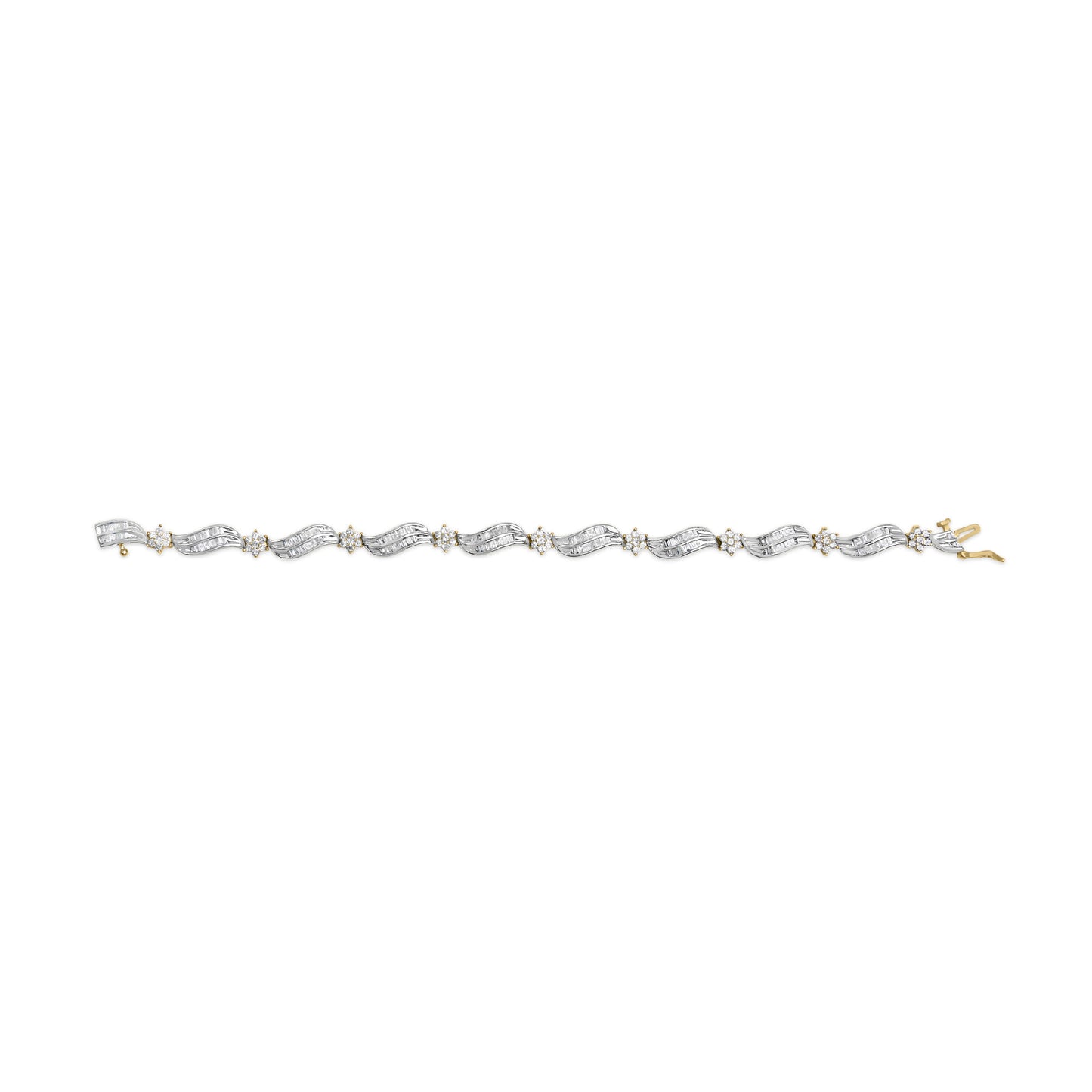 10K Yellow and White Gold 3.00 Cttw Diamond Cluster and Wave Link Bracelet (I-J Color, I1-I2 Clarity) - 7.25"