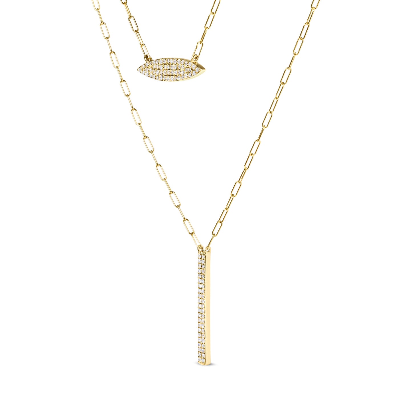 14K Yellow Gold 3/8 Cttw Two-Strand Marquise and Bar Charm Paper Clip Link Pendant Necklace (I-J Color, I1-I2 Clarity) -18" and 20" Inch Lengths