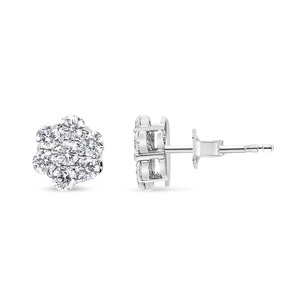 14K White Gold 7 Stone Floral Cluster Round Brilliant Cut Diamond Stud Earrings with Screw Backs(I-J, SI2-I1)