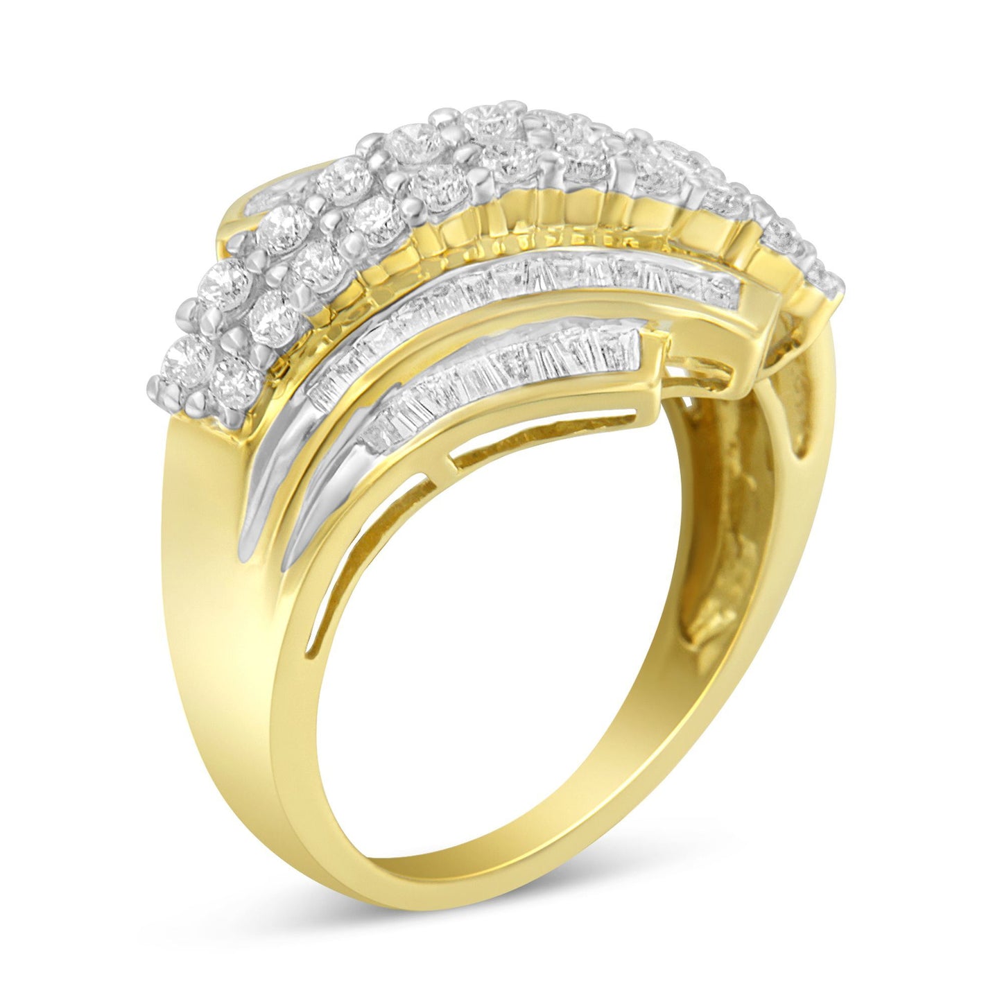 10K Yellow Gold 1.0 Cttw Round & Baguette Cut Diamond 64 Stone Bypass Style Channel Set Modern Statement Ring (H-I Color, SI1-SI2 Clarity)