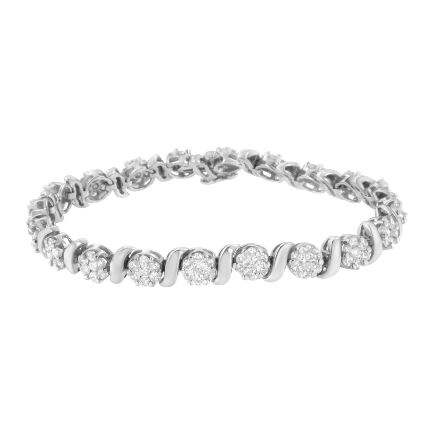 14K White Gold 5 1/4 cttw Diamond S-Link Floral Cluster Tennis Bracelet (I-J Clarity, SI2-I1 Color) - Size 7"