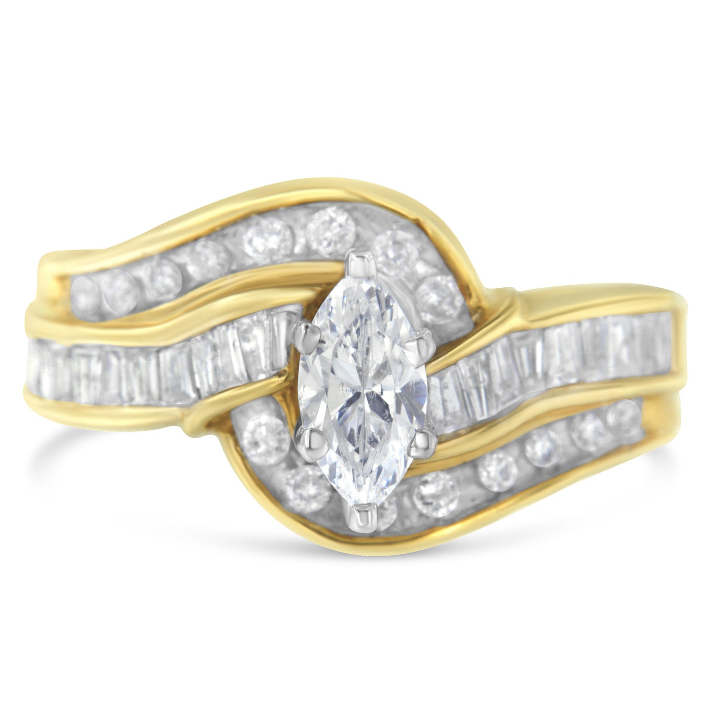 14KT Two-Toned Gold Marquise, Baguette and Round Cut Diamond Bypass Ring (1 cttw, H-I Color, SI1-SI2 Clarity) ()