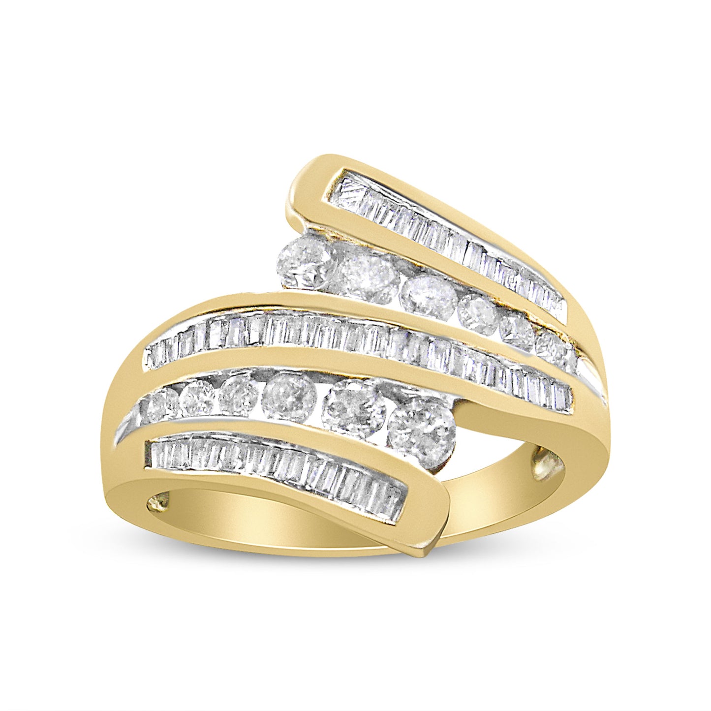 10K Yellow Gold 1 Cttw Round and Baguette-Cut Diamond Multi Row Bypass Ring Band (H-I Color, I1-I2 Clarity) - Ring Size 7