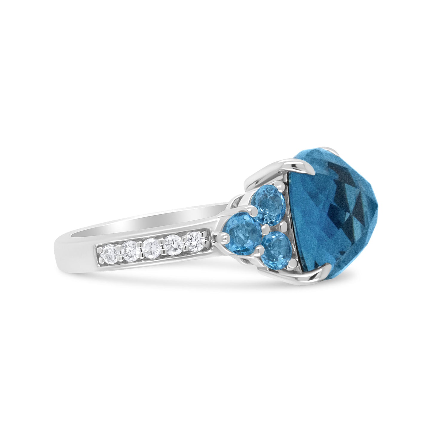 18K White Gold 10mm Cushion Shaped Blue Topaz and 1/6 Cttw Diamond 3 Stone Style Ring (F-G Color, VS1-VS2 Clarity) - Ring Size 6.5