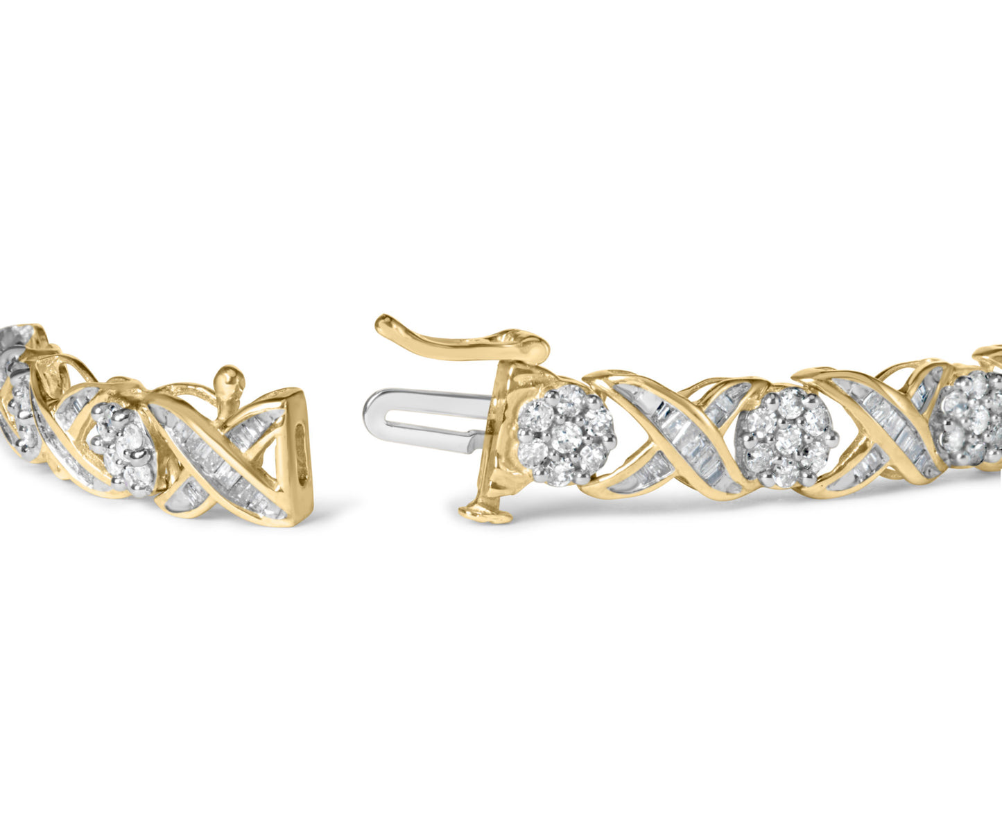 10K Yellow Gold 3.00 Cttw Round-Cut and Baguette-Cut Diamond 'XOXO' Floral Design Bracelet (J-K Color, I1-I2 Clarity)