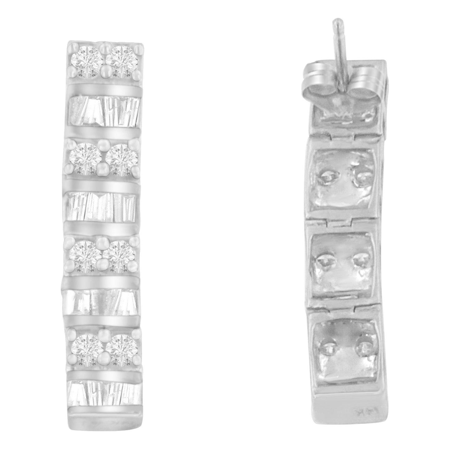 14K White Gold 1 1/3 cttw Round And Baguette Cut Diamond Earrings (H-I, SI2-I1)